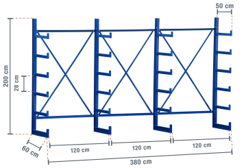 3,8 m rayonnage cantilever KR2500 / Peint / Unilatéral / hauteur 2 m / 5 niveaux / 50 cm cantilever profondeur 