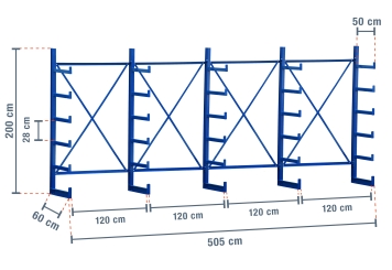5,05 m rayonnage cantilever KR2500 / Peint / Unilatéral / hauteur 2 m / 5 niveaux / 50 cm cantilever profondeur 