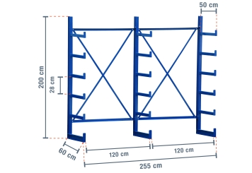 2,55 m rayonnage cantilever KR2500 / Peint / Unilatéral / hauteur 2 m / 5 niveaux / 50 cm cantilever profondeur 