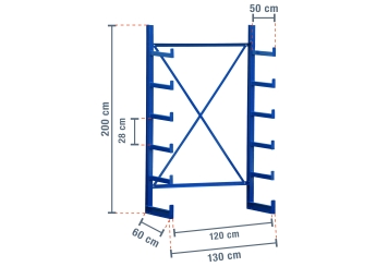 1,3 m rayonnage cantilever KR2500 / Peint / Unilatéral / hauteur 2 m / 5 niveaux / 50 cm cantilever profondeur 