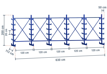 6,3 m rayonnage cantilever KR2500 / Peint / Bilatéral / hauteur 2 m / 5 niveaux / 50 cm cantilever profondeur 