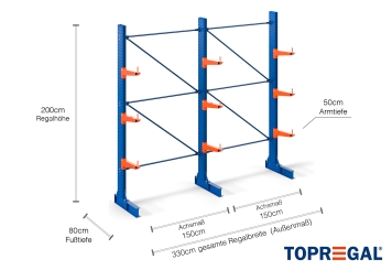 3,3 m rayonnage cantilever KR3000 / Peint / Unilatéral / 50 cm cantilever profondeur / hauteur 2 m / 3 niveaux 