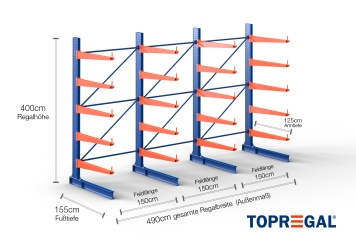 4,9 m rayonnage cantilever KR3000 / Peint / Unilatéral / 125 cm cantilever profondeur / hauteur 4 m / 5 niveaux 