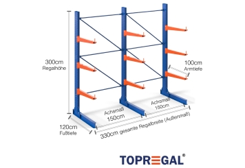 3,3 m rayonnage cantilever KR3000 / Peint / Unilatéral / 100 cm cantilever profondeur / hauteur 3 m / 3 niveaux 