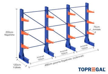 4,9 m rayonnage cantilever KR6000 / Peint / Unilatéral / hauteur 2 m / 75 cm cantilever profondeur / 3 niveaux 